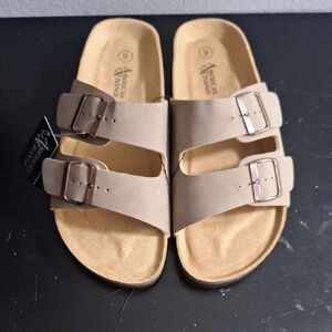 American Exchange Double Buckle Slide Sandals in Taupe